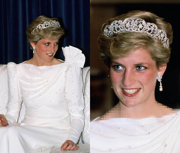 پرنسس دایانا تاج Spencer را با گوشواره های مروارید و الماس، هدیه عروسی از امیر قطر، در ضیافت ایالتی در بحرین پوشیده است.