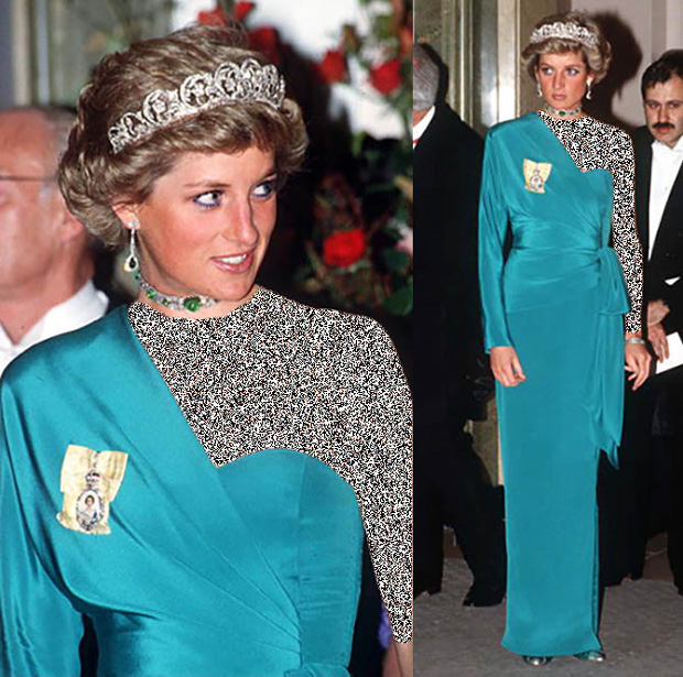 پرنسس دایانا در ضیافت Claridge در سال 1988 تاج الماسی Spencer، گردنبند زمرد و الماس دامله ای Queen Mary، هدیه عروسی که از ملکه و یک سفارش از خانواده سلطنتی و همچنین گوشواره های آویز با قطرات زمرد بود را پوشید.