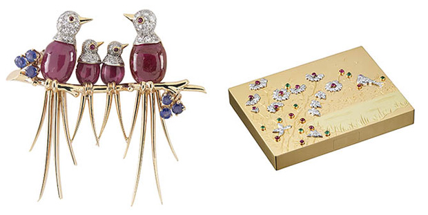 سنجاق سینه پرنده ای از جنس یاقوت سرخ و یاقوت کبود ،الماس و پلاتین و طلا از برند ون کلیف اند آرپلز (Van Cleef & Arpels)