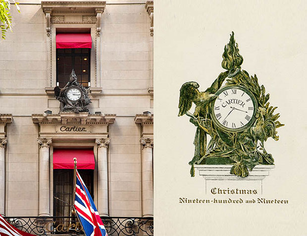 ساعت خروس و عقاب بر روی عمارت کارتیه و کارت با نقاشی از این ساعت بخشی از این عمارت را در سال ۱۹۱۹ معرفی می کند
